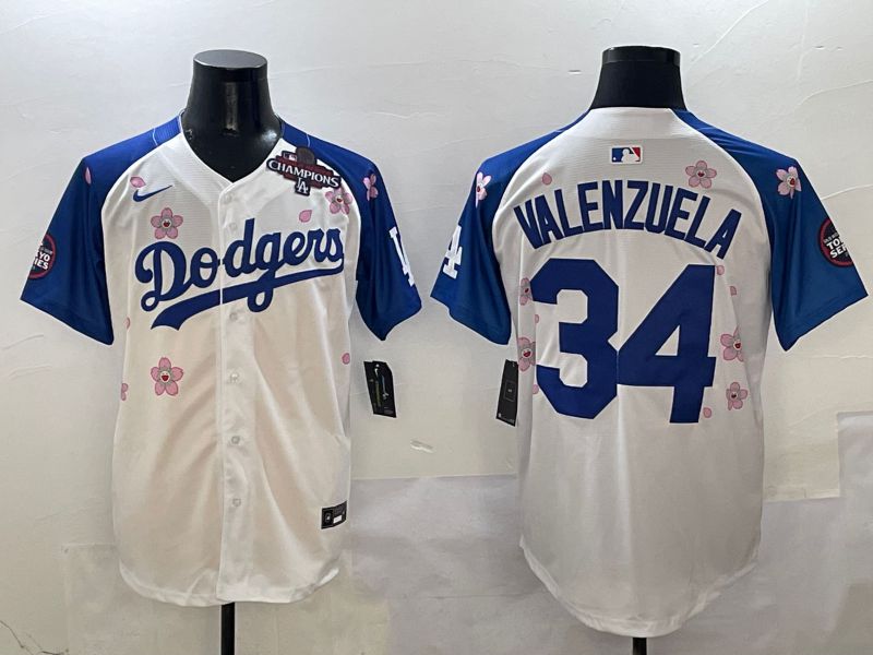 Men Los Angeles Dodgers 34 Valenzuela White Blue Sakura Edition 2025 Nike MLB Jersey style 5
